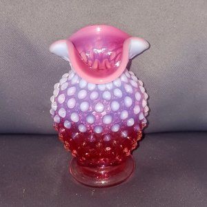 Vintage Fenton Hobnail Cranberry Opalescent Ruffle Top Bud Vase